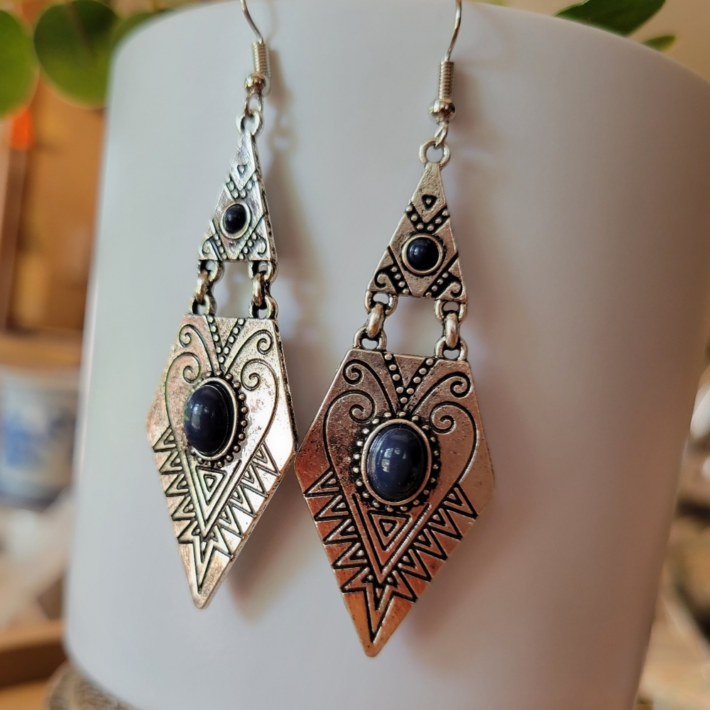 Lapis Geometric Aztec Scrolled Hinge Dangle Earrings - Picture 6 of 8